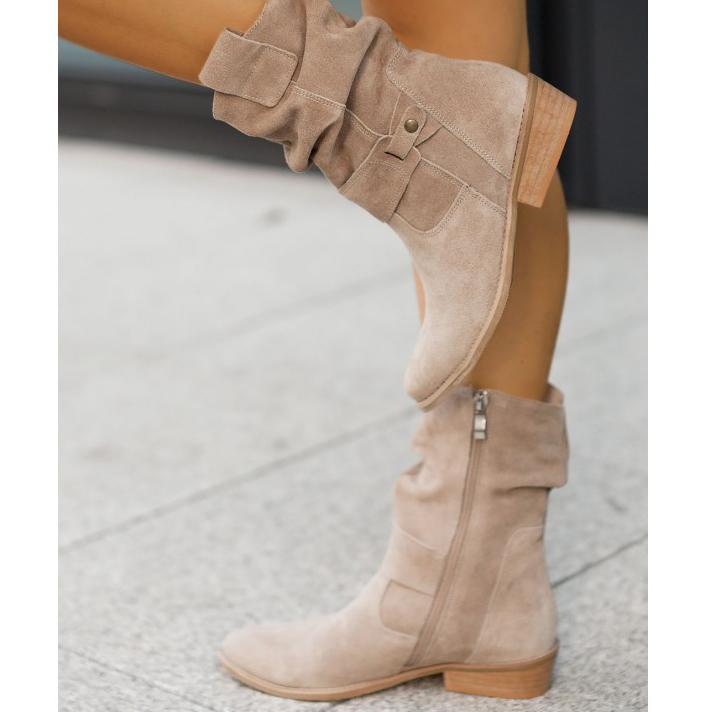 Women's slouch mid-calf boots with side zipper and low heel