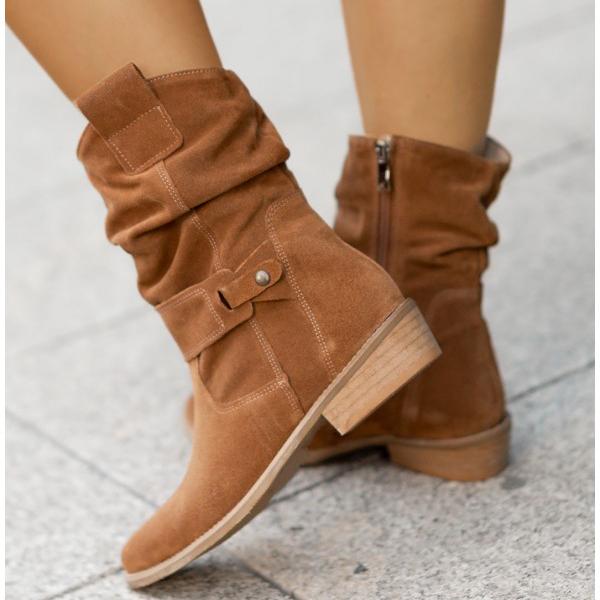 Women's slouch mid-calf boots with side zipper and low heel