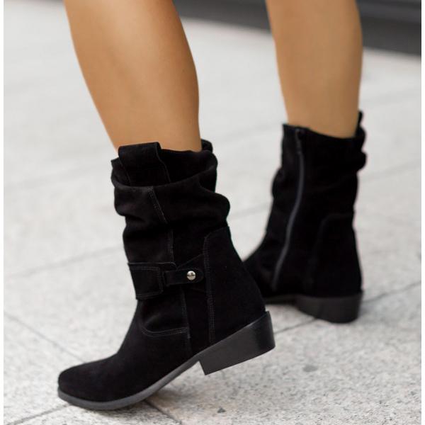 Women's slouch mid-calf boots with side zipper and low heel