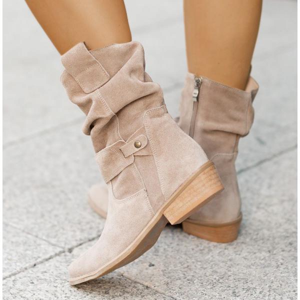 Women's slouch mid-calf boots with side zipper and low heel