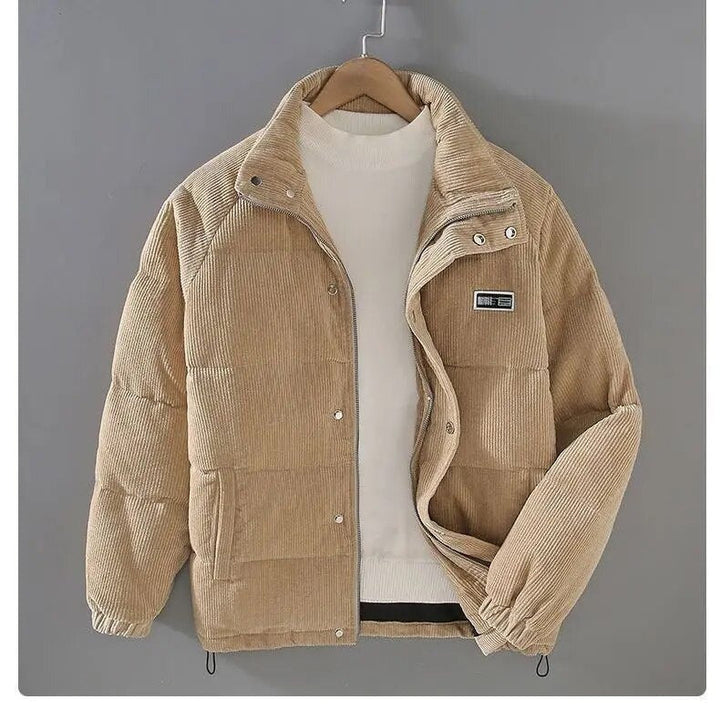 Men's ribbed corduroy padded jacket with high collar and front pockets