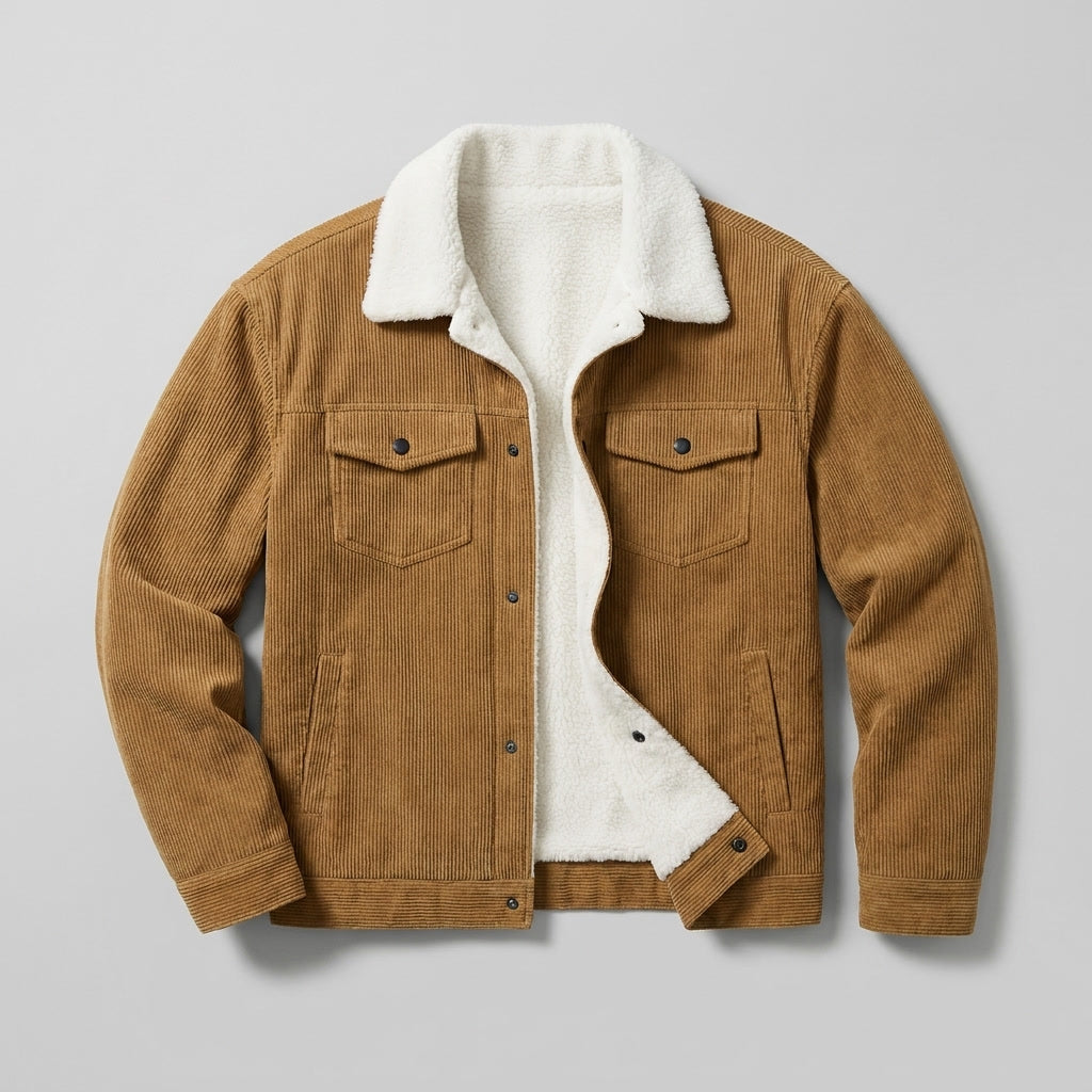 Corduroy jacket with sherpa collar, button front and four pockets