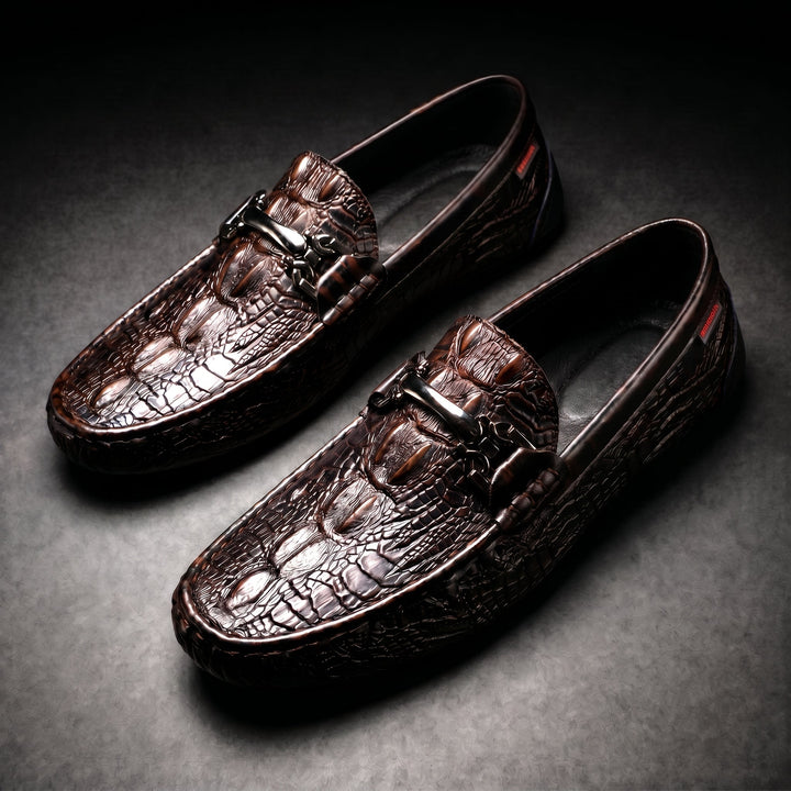 Croc texture loafers with metal bit detail and rounded toes
