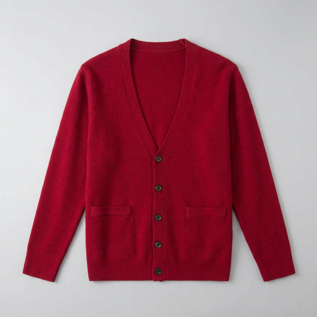 Unisex V-neck cardigan with long sleeves, button front and two patch pockets
