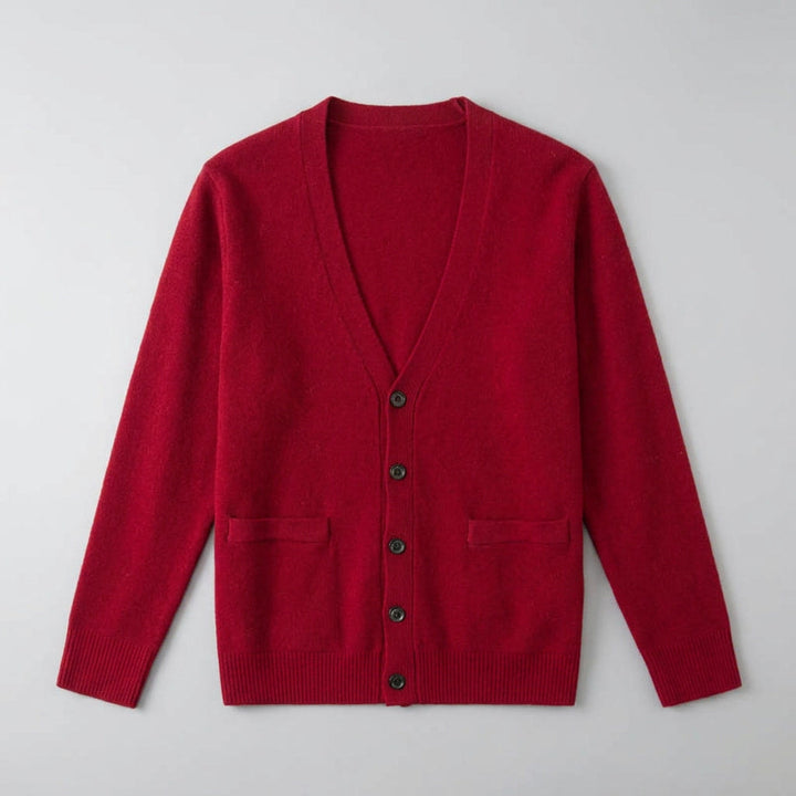 Unisex V-neck cardigan with long sleeves, button front and two patch pockets