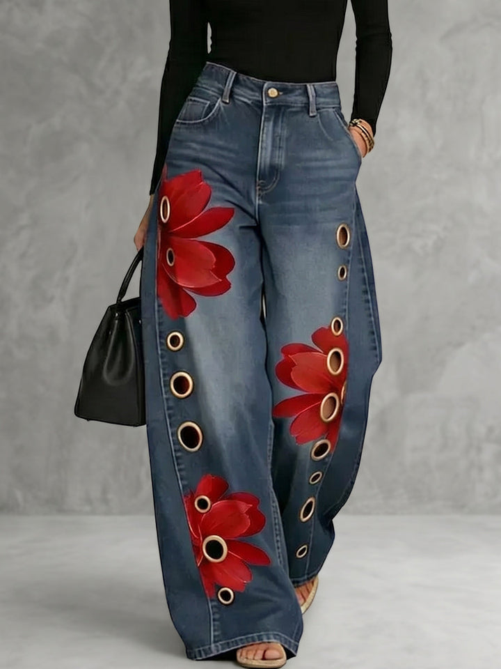 Women's floral-print high-waist wide-leg trousers