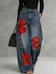 Women's Floral Wide-Leg Trousers - High Waist, Button Front, Side Pockets