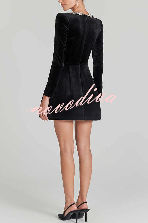 Women's velvet mini dress with square neckline and jewel trim