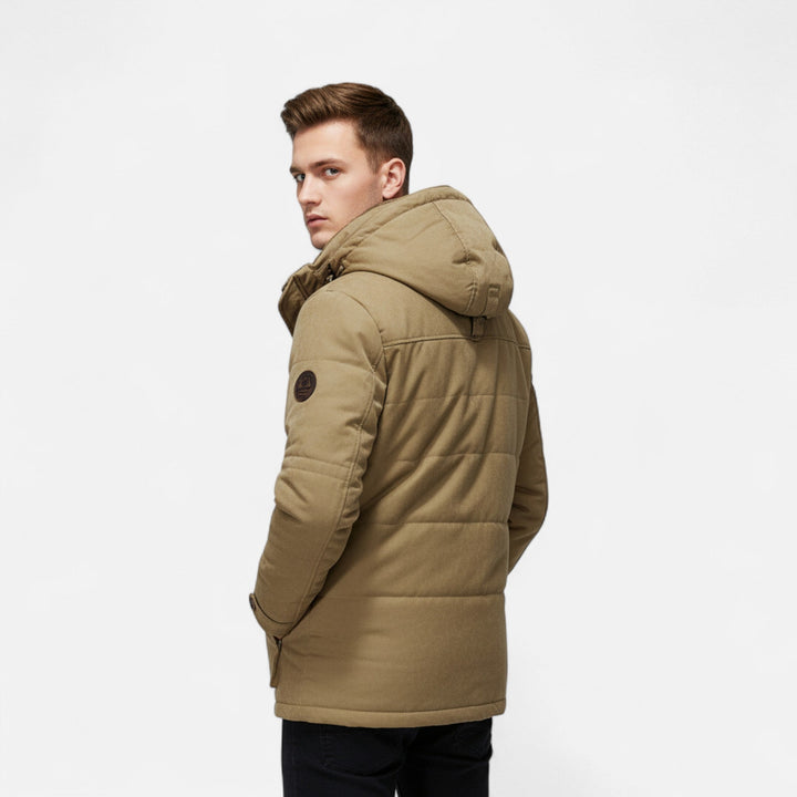 Men's hooded quilted parka with multiple pockets