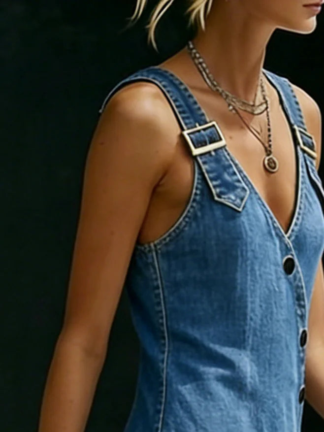 Women's Denim Maxi Dress — V-Neck Asymmetric Button-Front Long Dress
