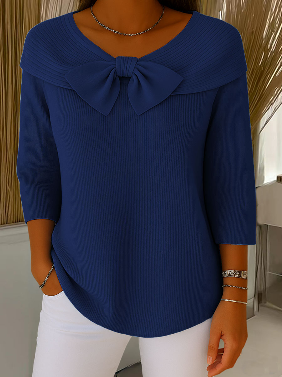 Women's ribbed sweater with large front bow and three-quarter sleeves