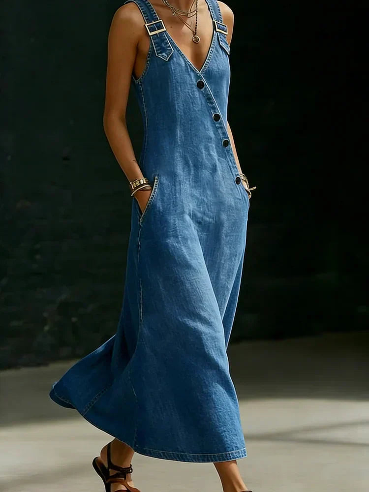 Women's Denim Maxi Dress — V-Neck Asymmetric Button-Front Long Dress