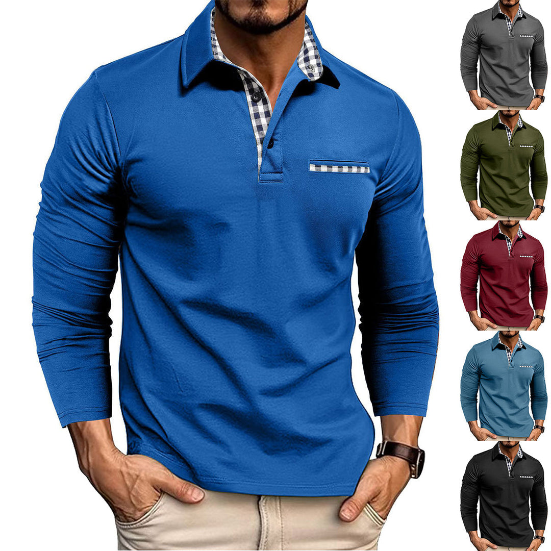 Men's long sleeve polo shirt with checked collar and chest pocket trim