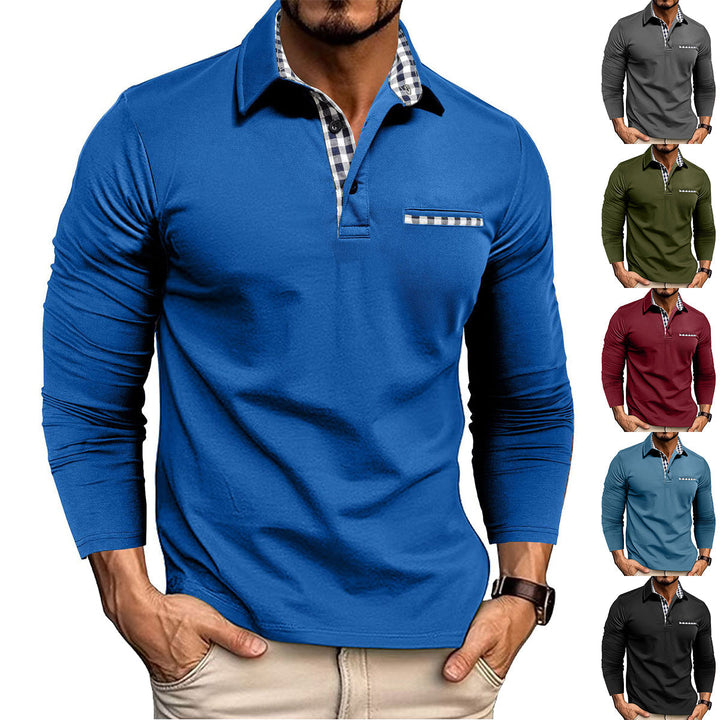 Men's long sleeve polo shirt with checked collar and chest pocket trim