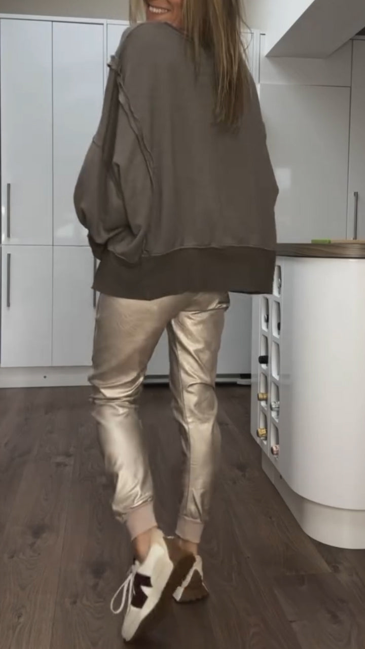 Women's casual sweatshirt top with round neckline and metallic leather pants set