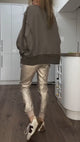 Women's casual sweatshirt top with round neckline and metallic leather pants set