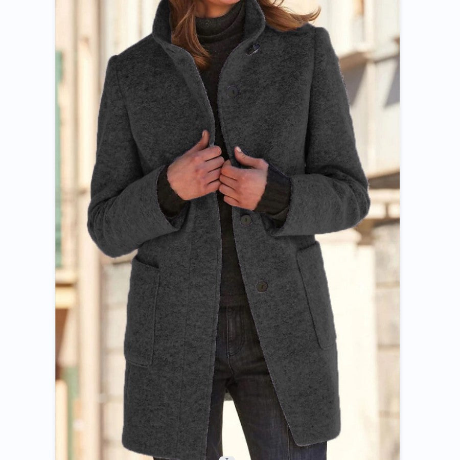 Women's long button-front coat with stand collar and patch pockets