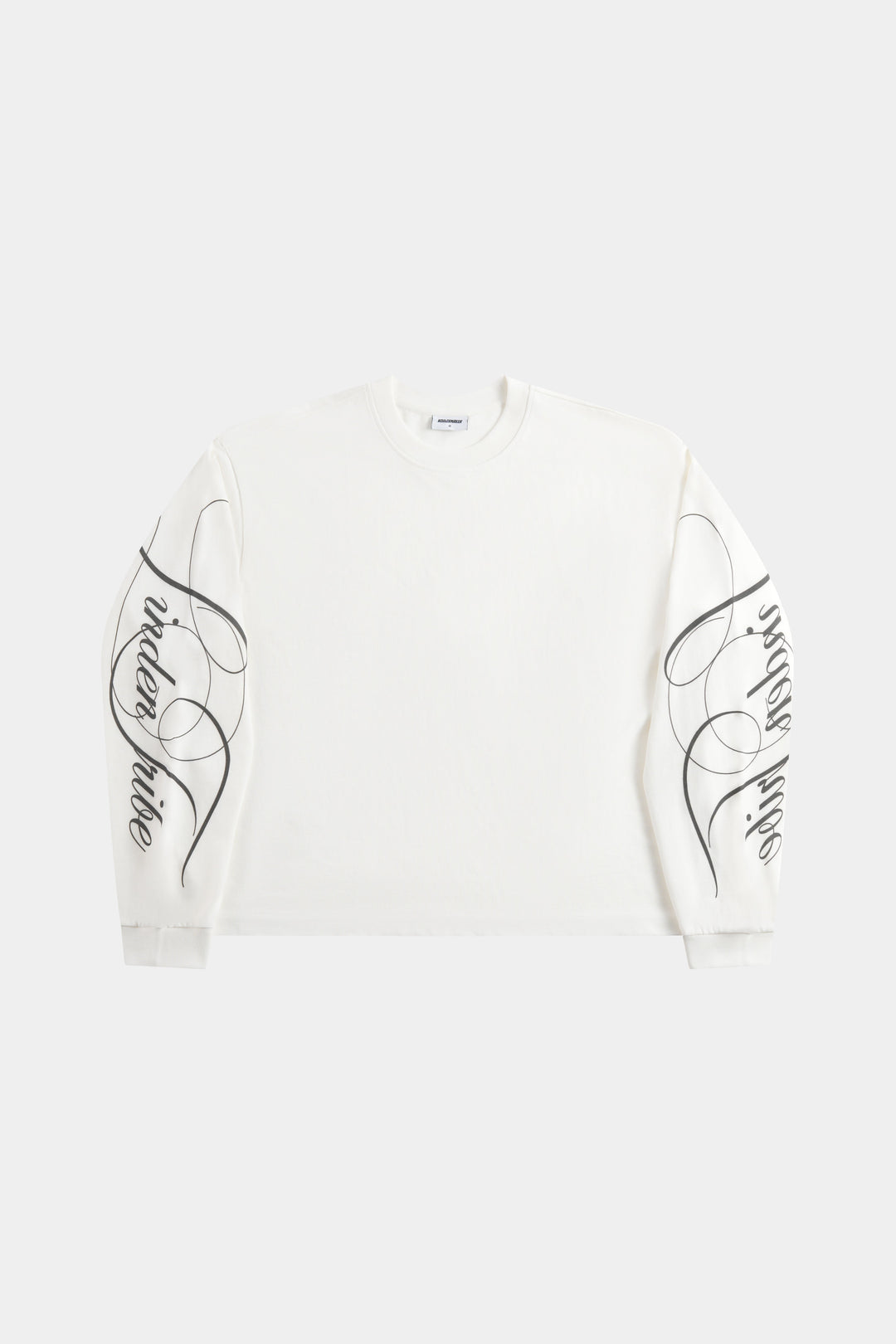 White men's crew-neck sweatshirt with black abstract graphics on the sleeves