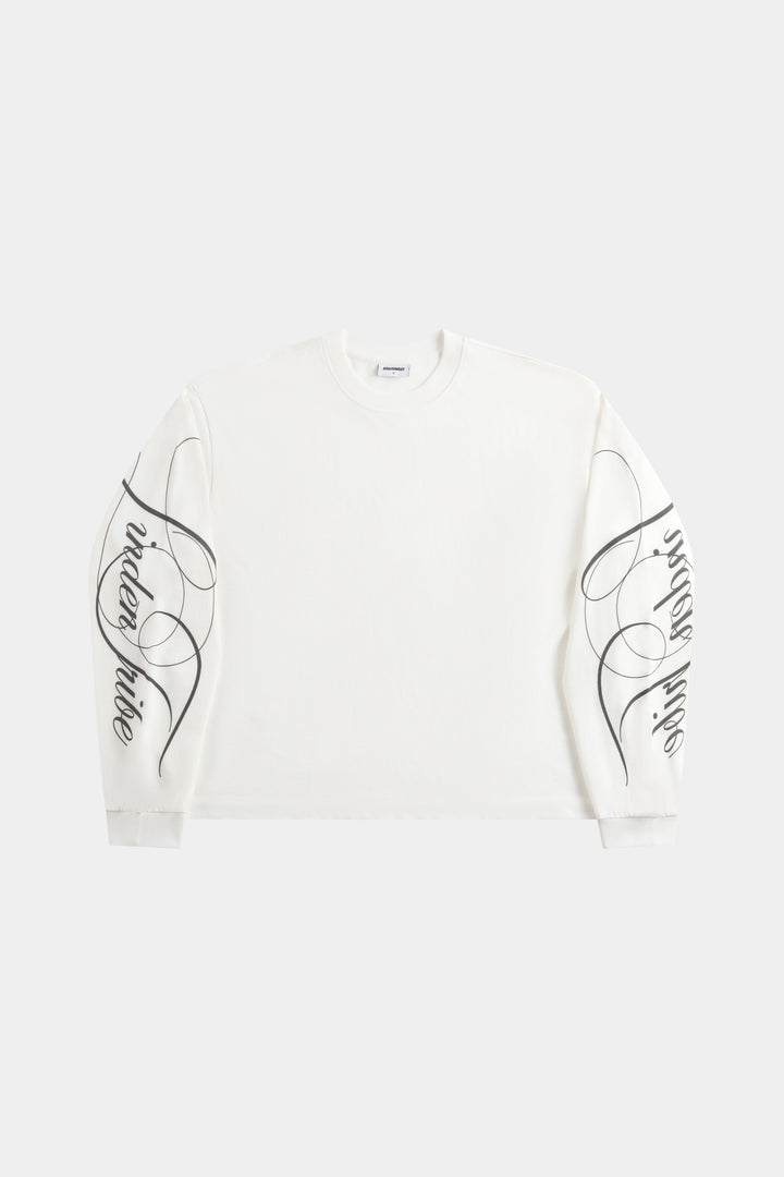 White men's crew-neck sweatshirt with black abstract graphics on the sleeves
