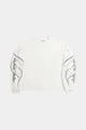 White men's crew-neck sweatshirt with black abstract graphics on the sleeves
