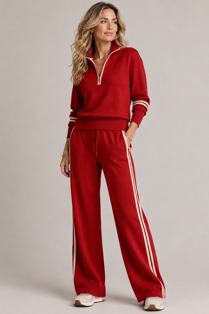 Women's mock-neck zip sweater and wide-leg trousers set with contrast side stripes