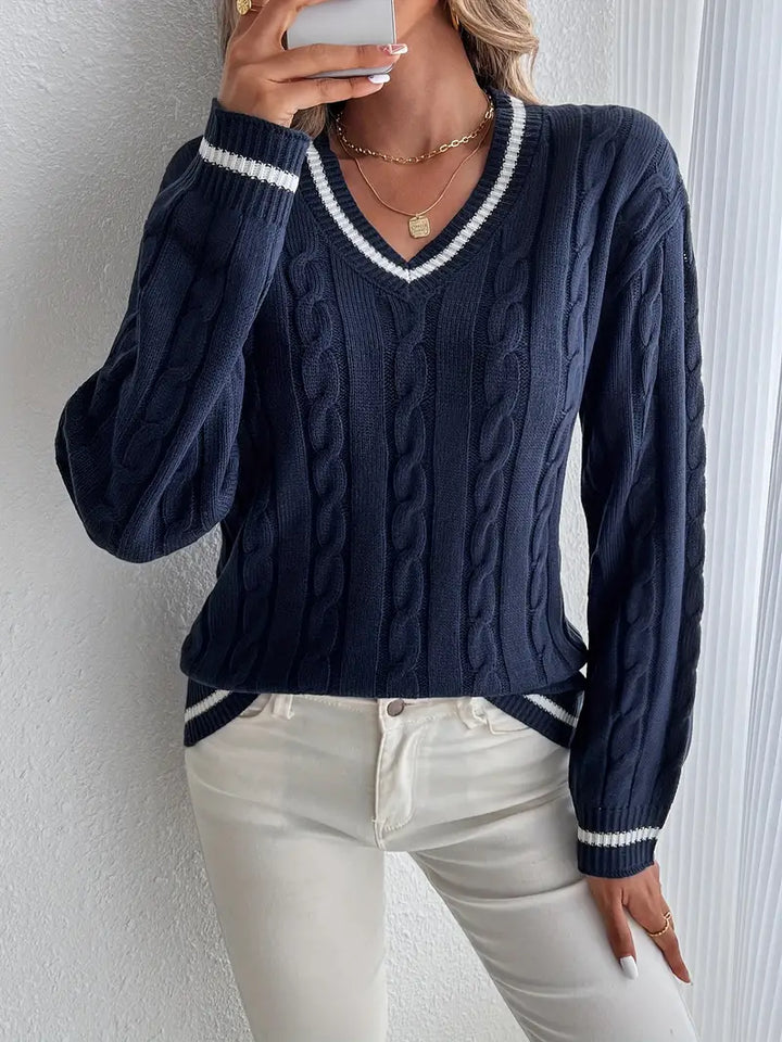 Women's navy cable knit V-neck jumper with white striped trims