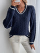 Women's navy cable knit V-neck jumper with white striped trims