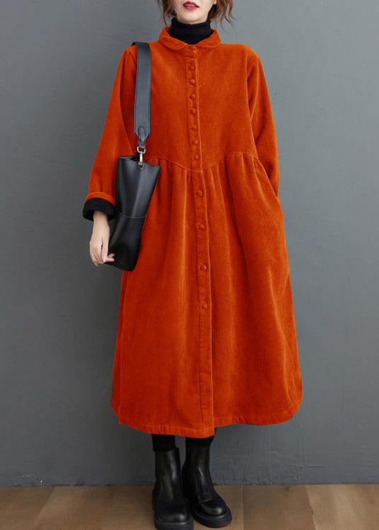 Women's long ribbed button-front coat with flared silhouette and side pockets