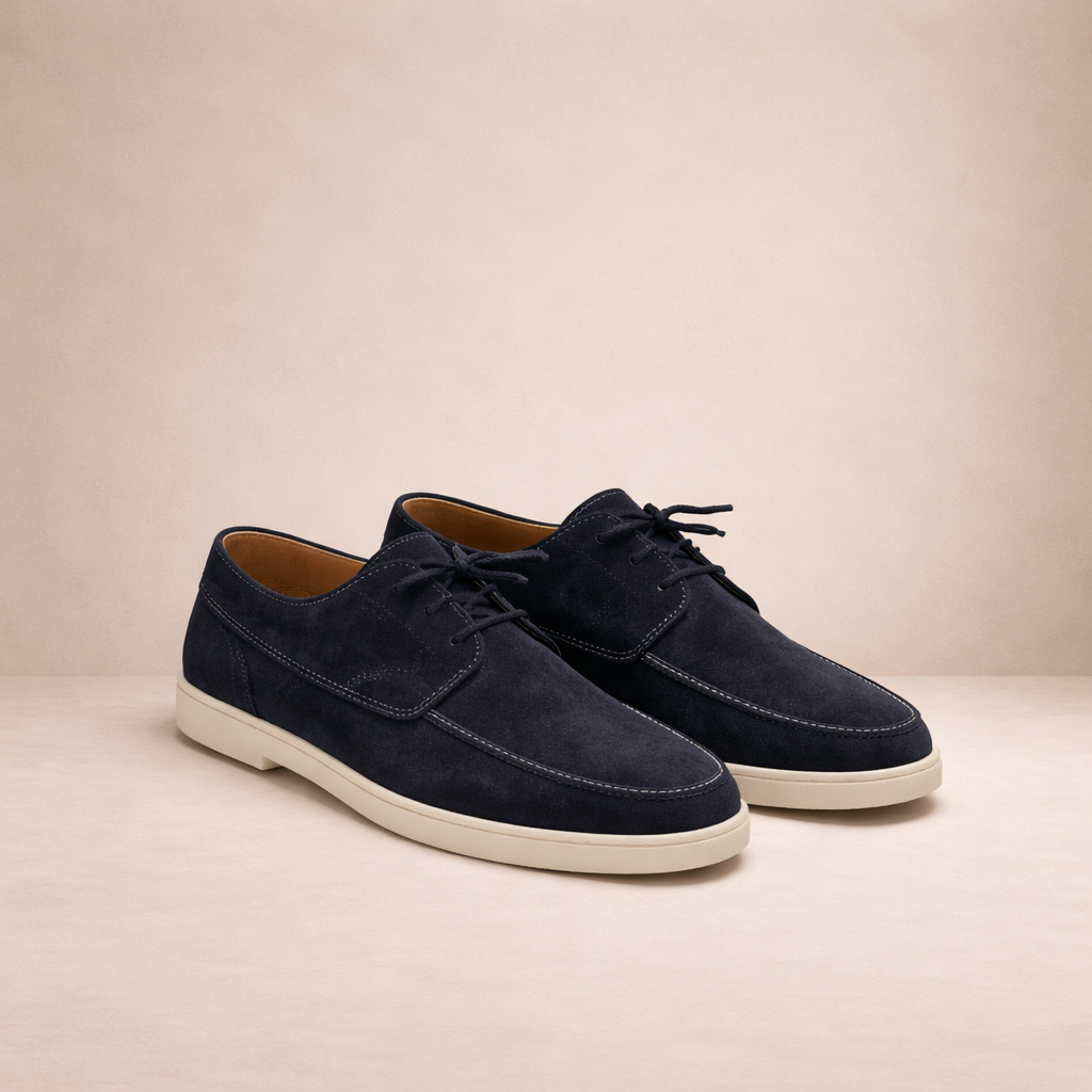Men's lace-up loafers with moc toe stitching and low contrasting soles