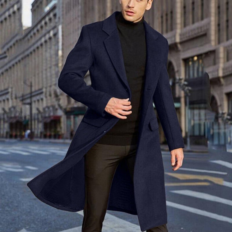 Men's long tailored coat with notched lapels and flap pockets