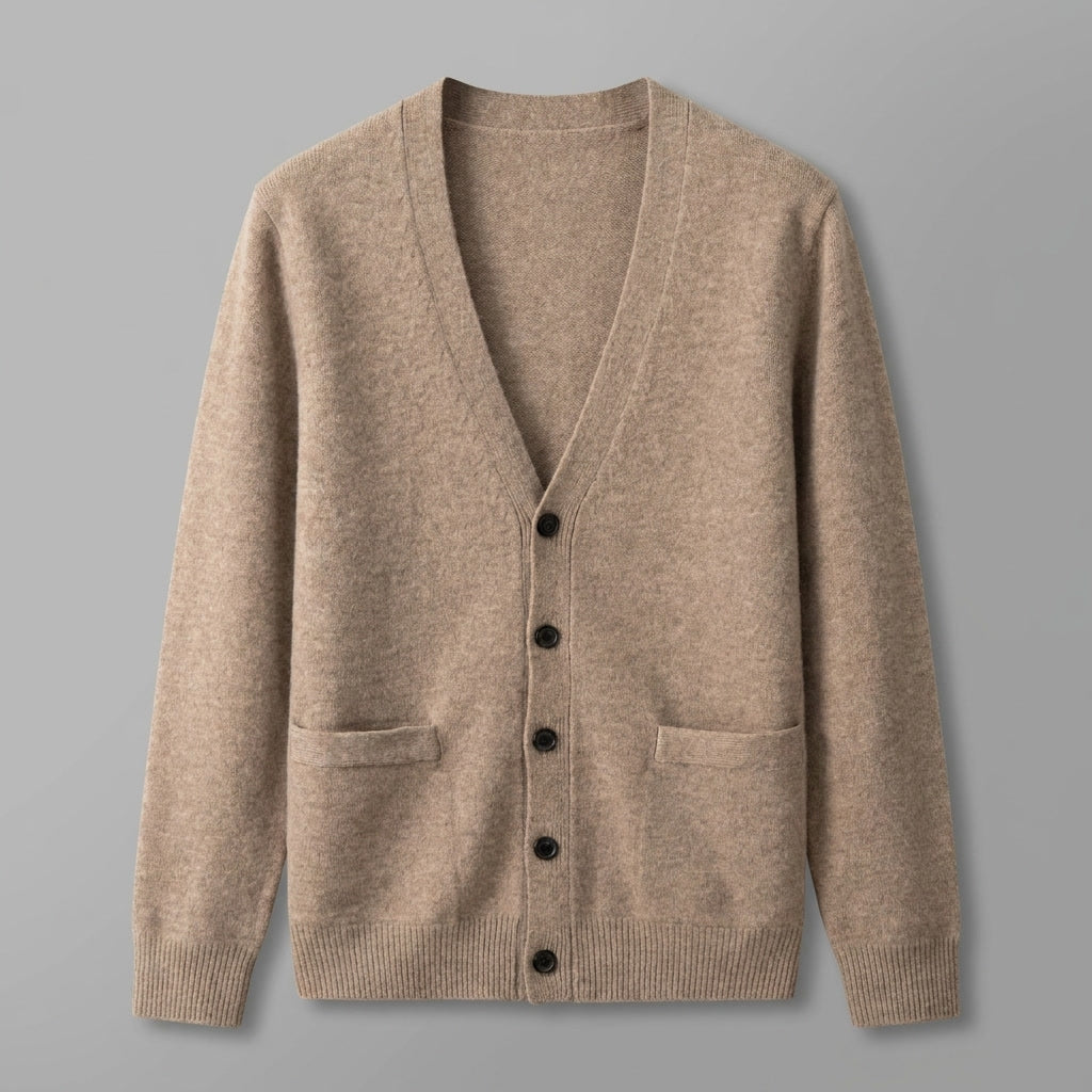 Unisex V-neck cardigan with long sleeves, button front and two patch pockets