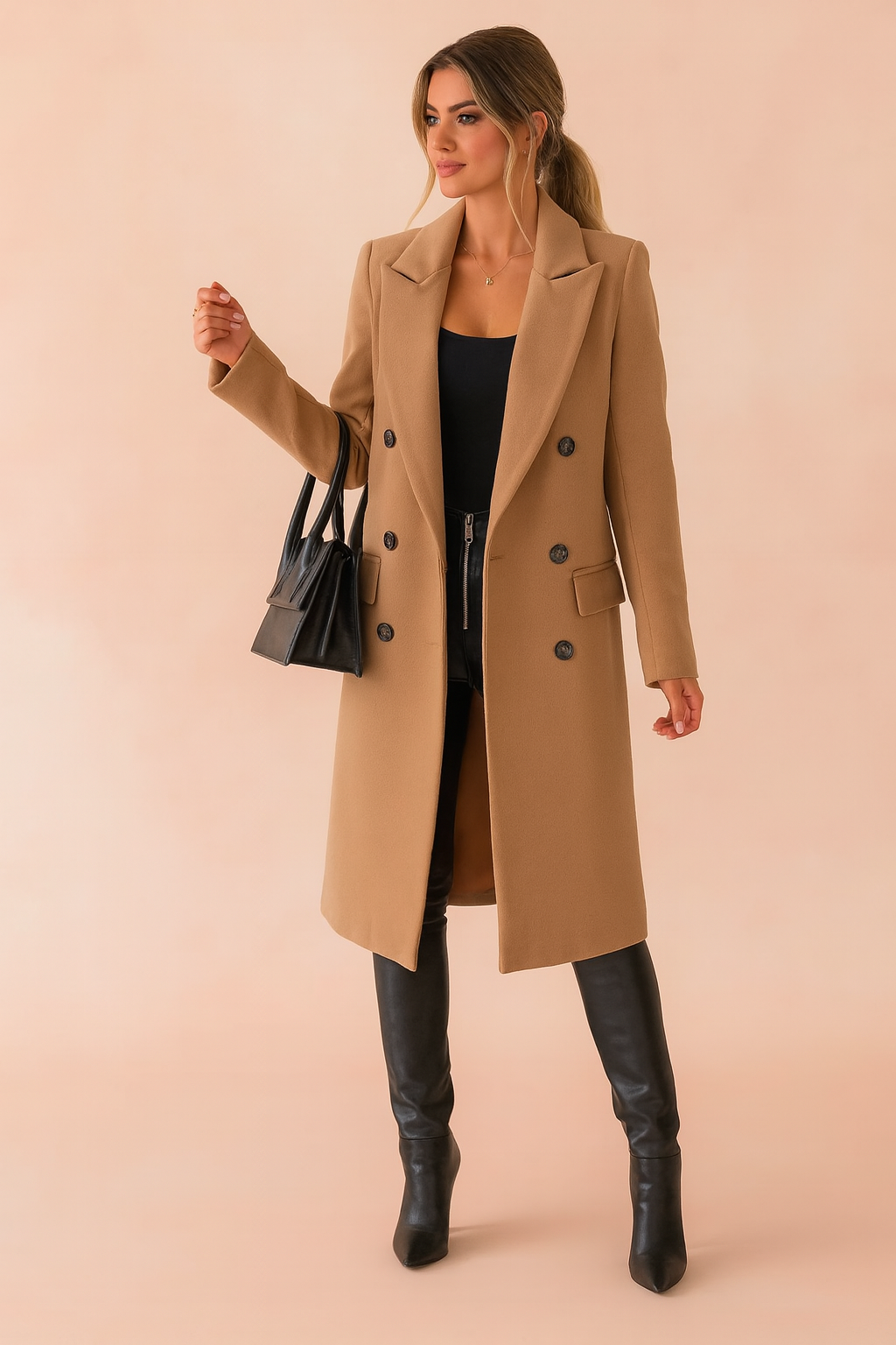 Women's double-breasted long coat with notched lapels and flap pockets