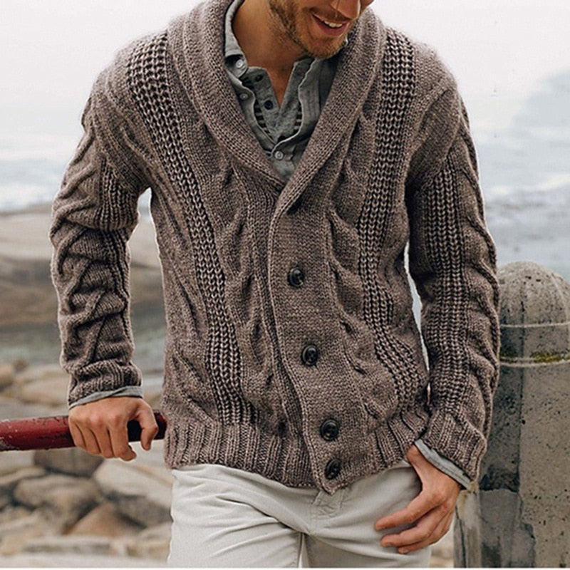 Men's textured knitted cardigan with shawl collar and button front