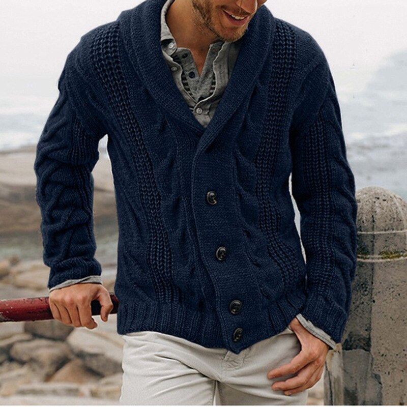 Men's textured knitted cardigan with shawl collar and button front