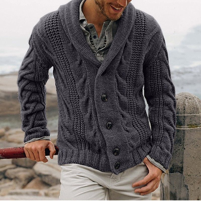 Men's textured knitted cardigan with shawl collar and button front