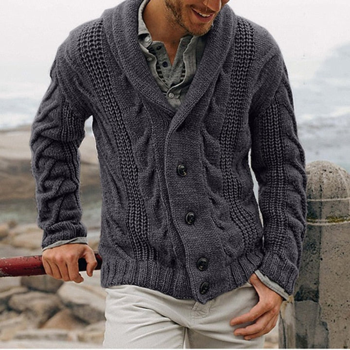 Men's textured knitted cardigan with shawl collar and button front
