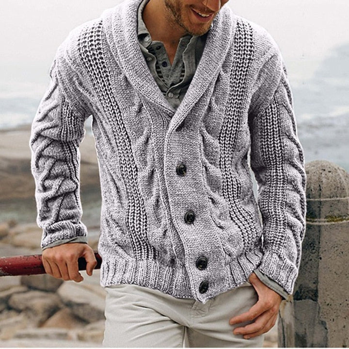 Men's textured knitted cardigan with shawl collar and button front
