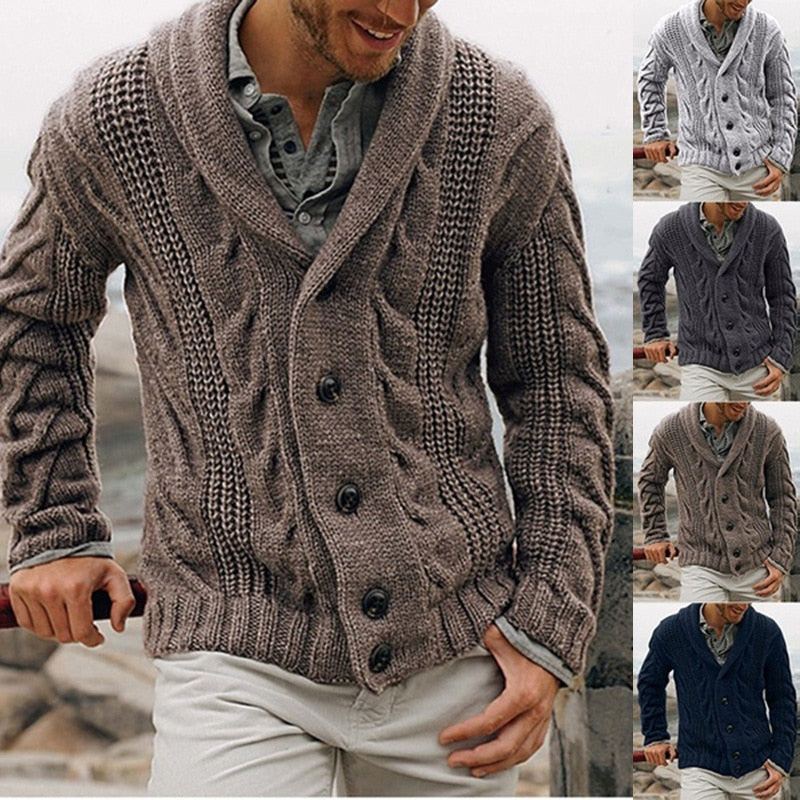 Men's textured knitted cardigan with shawl collar and button front