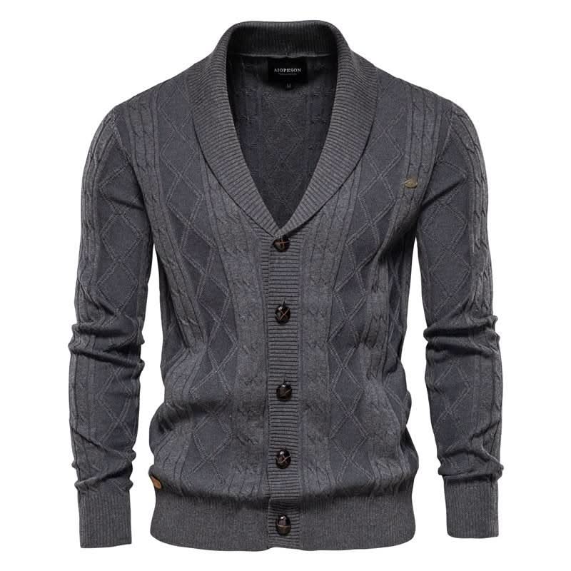 Men's textured diamond knit cardigan with shawl collar and button front