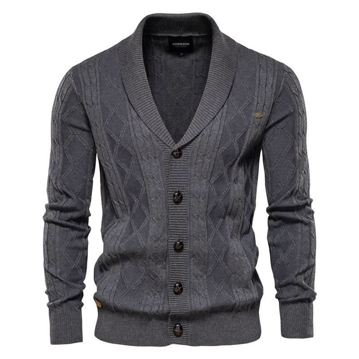 Men's textured diamond knit cardigan with shawl collar and button front