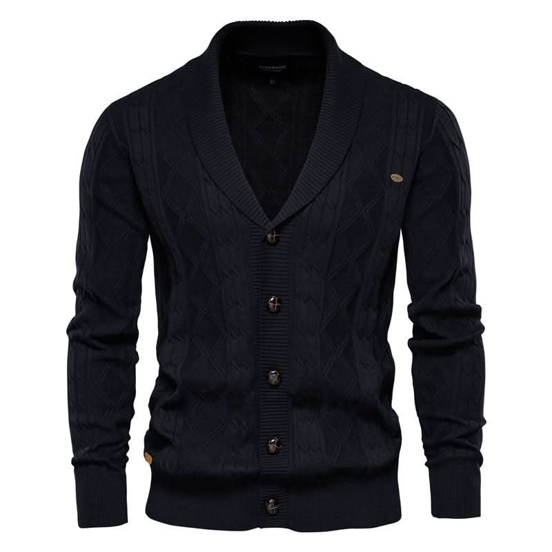 Men's textured diamond knit cardigan with shawl collar and button front