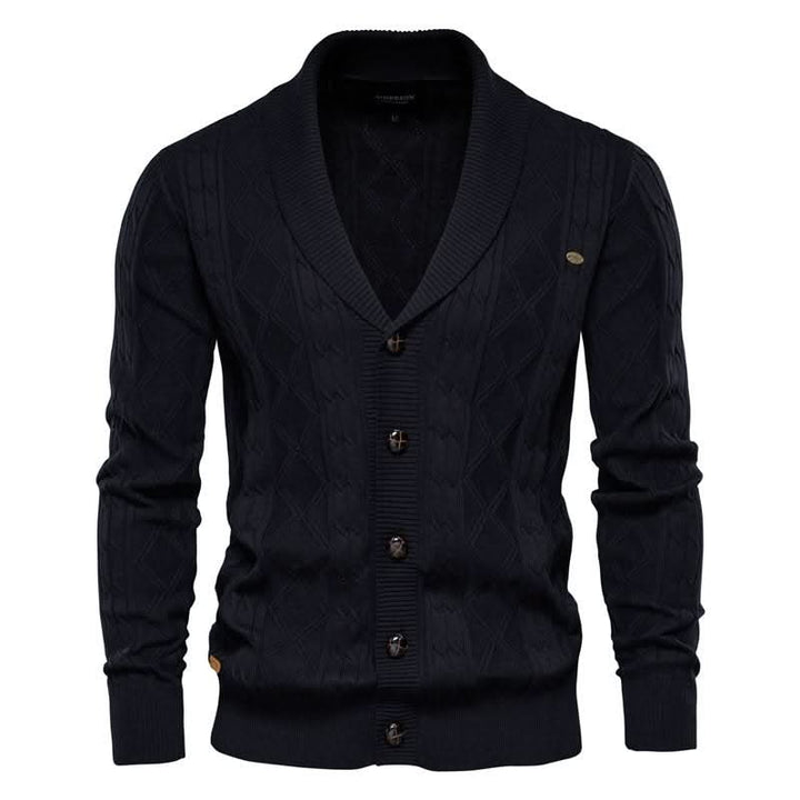 Men's textured diamond knit cardigan with shawl collar and button front