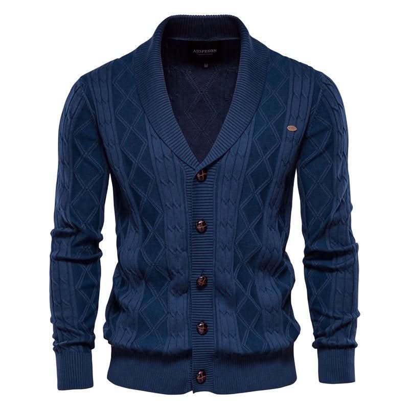 Men's textured diamond knit cardigan with shawl collar and button front