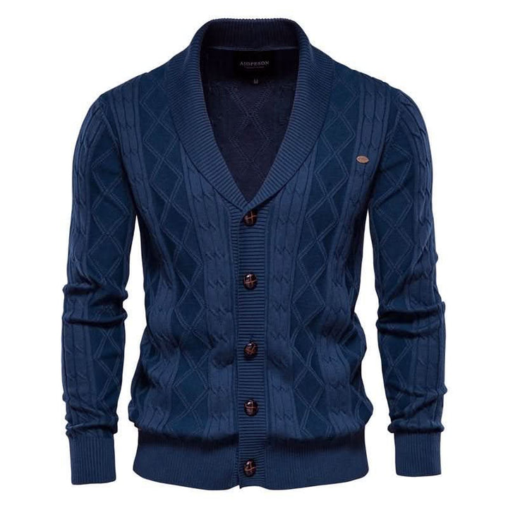 Men's textured diamond knit cardigan with shawl collar and button front