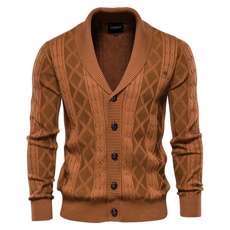 Men's textured diamond knit cardigan with shawl collar and button front
