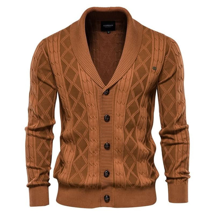 Men's textured diamond knit cardigan with shawl collar and button front