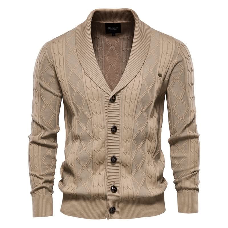 Men's textured diamond knit cardigan with shawl collar and button front