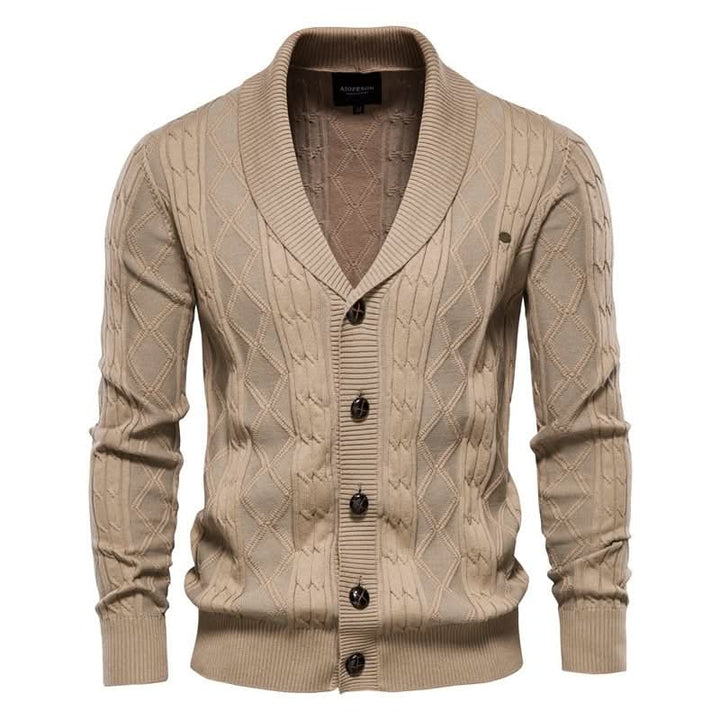 Men's textured diamond knit cardigan with shawl collar and button front