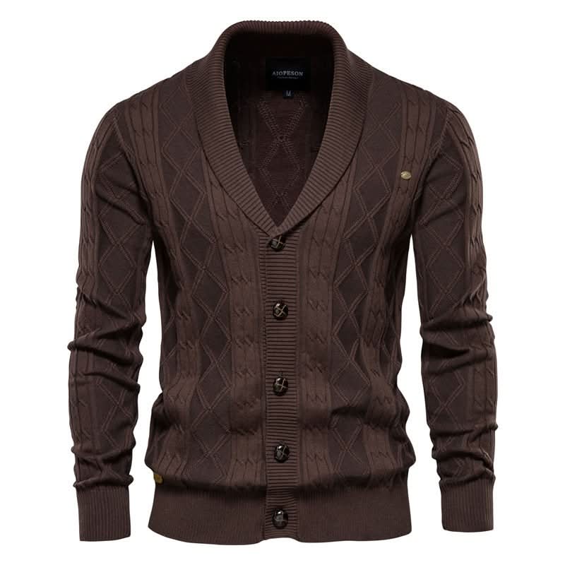 Men's textured diamond knit cardigan with shawl collar and button front