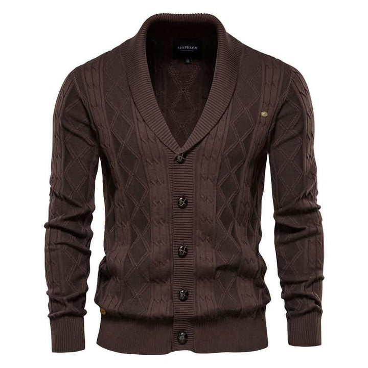 Men's textured diamond knit cardigan with shawl collar and button front